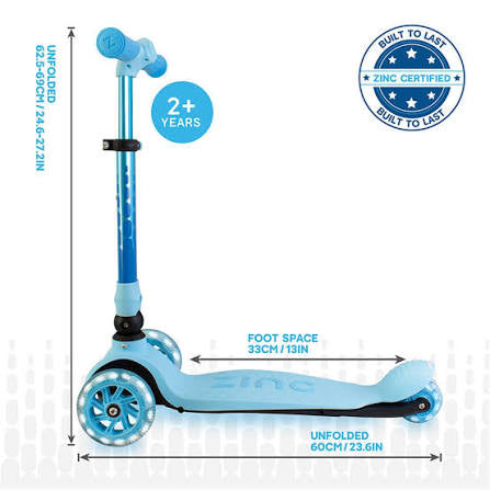 ZINC Three Wheeled Folding T-Motion Scooter SHINE Blue