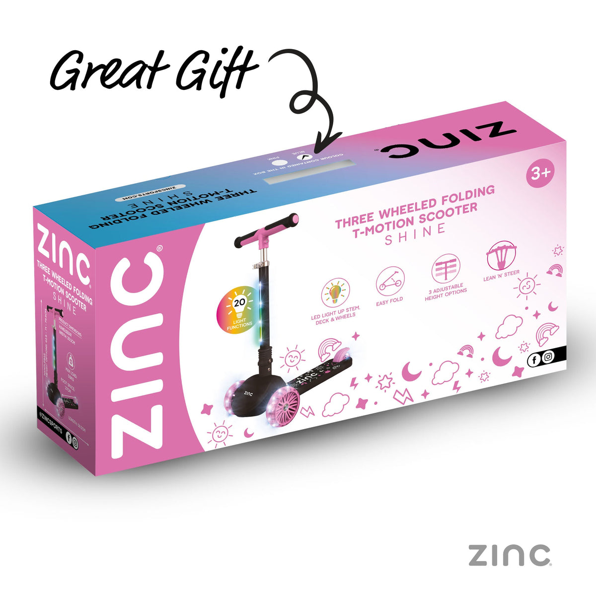 ZINC Three Wheeled Folding T-Motion Scooter SHINE Pink